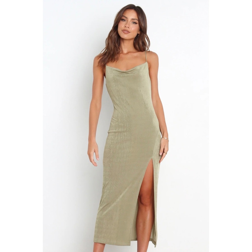 Petal and Pup Diani Dress Olive Green Cowl Neck Midi Slit US 6 NWT